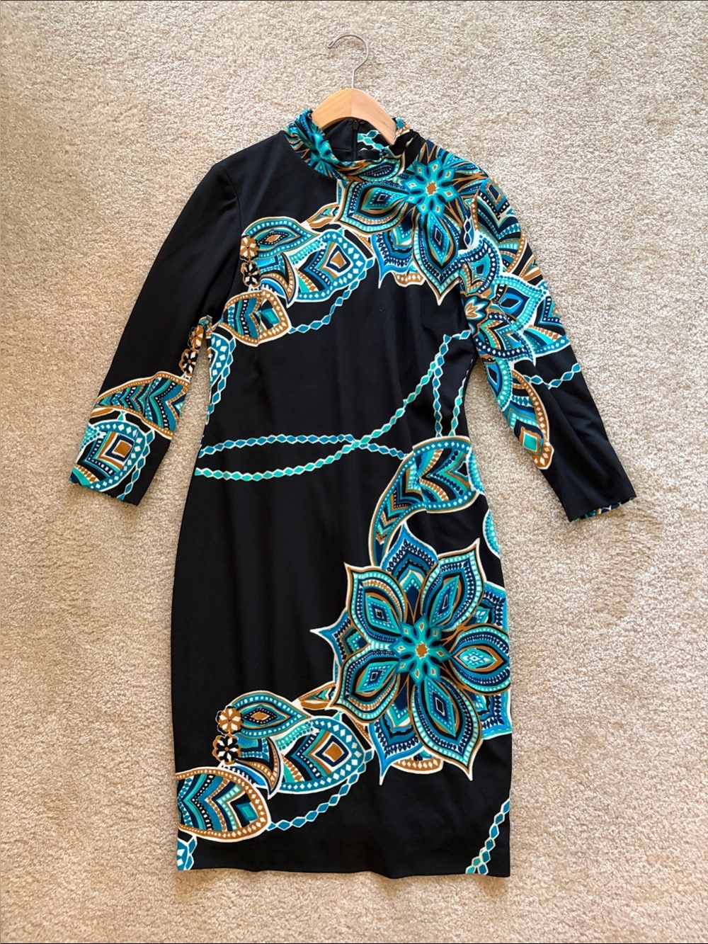 Cache Black Sheath Dress with Teal & Gold Floral Motif